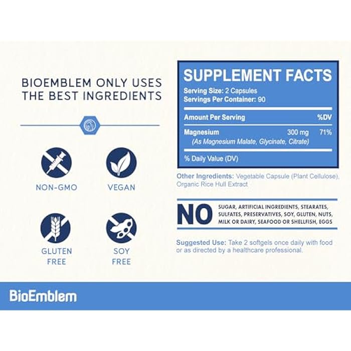 BioEmblem Triple Magnesium Complex | 300mg of Magnesium Glycinate, Malate, & Citrate for Muscles, Nerves, & Energy | High Absorption | Vegan, Non-GMO (180 Capsules) - Image 2
