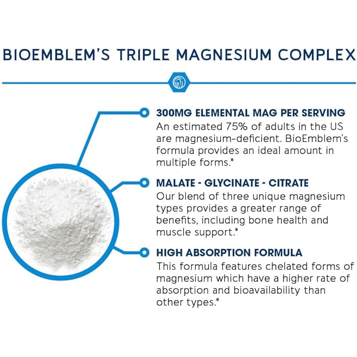 BioEmblem Triple Magnesium Complex | 300mg of Magnesium Glycinate, Malate, & Citrate for Muscles, Nerves, & Energy | High Absorption | Vegan, Non-GMO (180 Capsules) - Image 4