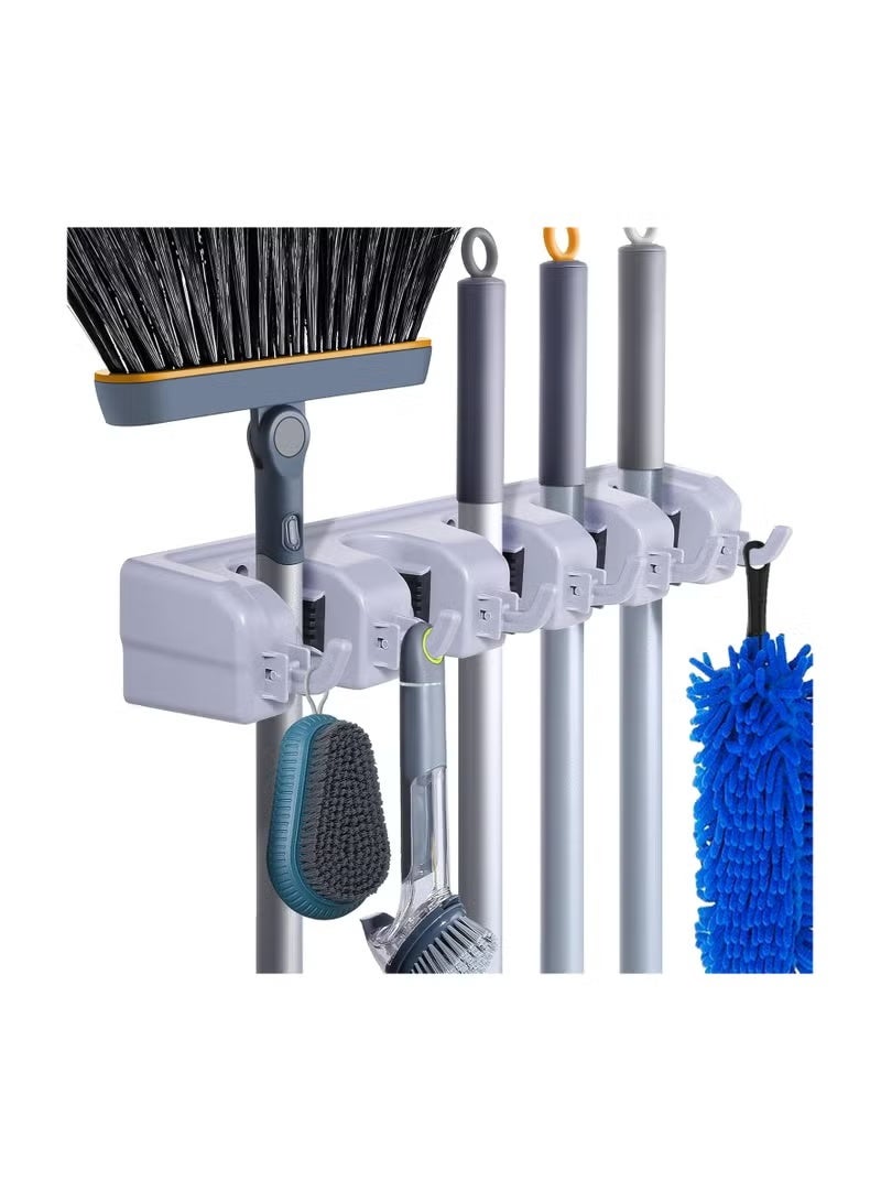 A broom and mop organizer that attaches to the wall, used to organize gardening tools and storage in the garage and laundry room with hooks, plastic, gray. - Image 3
