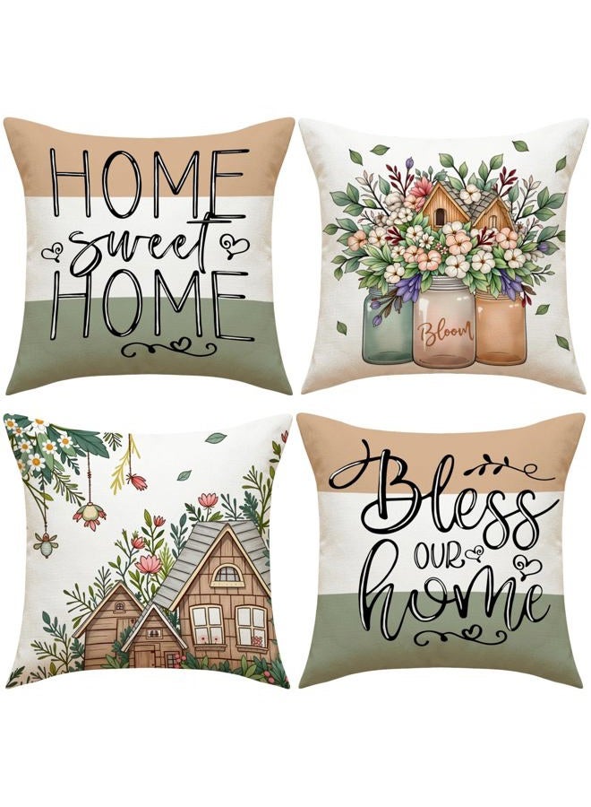 F Finerease Farmhouse Throw Pillow Cover Flower House - 18 x 18 Spring Garden Pillow Cushion Case - 4 Pack Linen Vase Pillow Cushion Cover, Great for Couch Chair Yard Living RoomHome Decor(Colourful-02, 18"x18") - Image 1