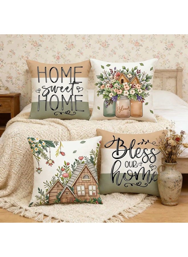 F Finerease Farmhouse Throw Pillow Cover Flower House - 18 x 18 Spring Garden Pillow Cushion Case - 4 Pack Linen Vase Pillow Cushion Cover, Great for Couch Chair Yard Living RoomHome Decor(Colourful-02, 18"x18") - Image 4
