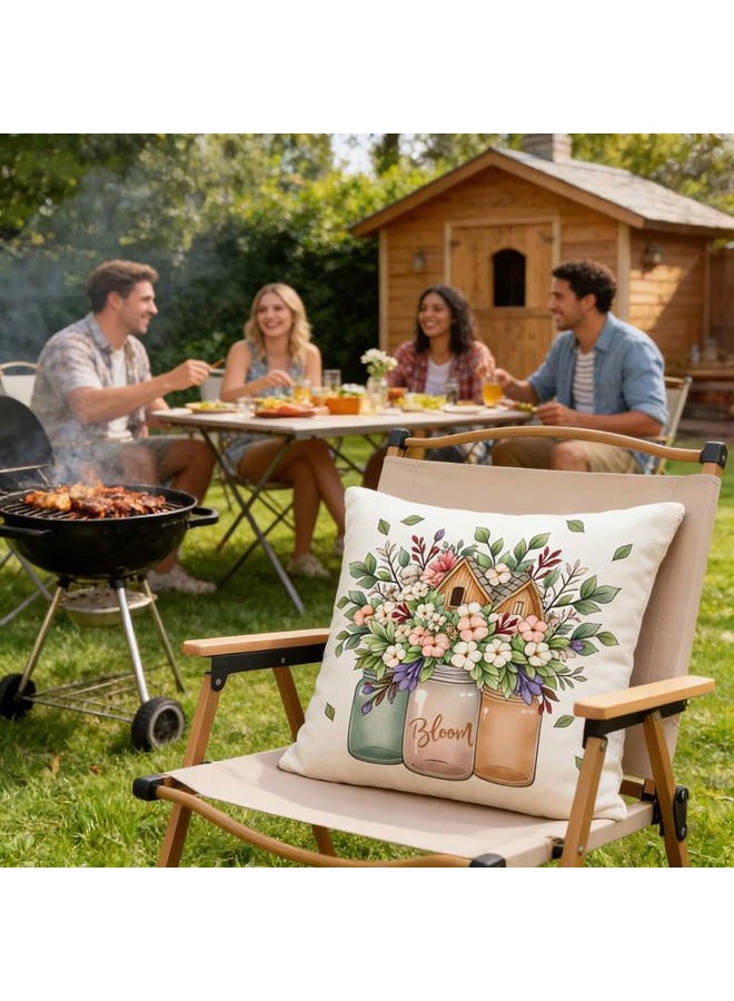 F Finerease Farmhouse Throw Pillow Cover Flower House - 18 x 18 Spring Garden Pillow Cushion Case - 4 Pack Linen Vase Pillow Cushion Cover, Great for Couch Chair Yard Living RoomHome Decor(Colourful-02, 18"x18") - Image 5