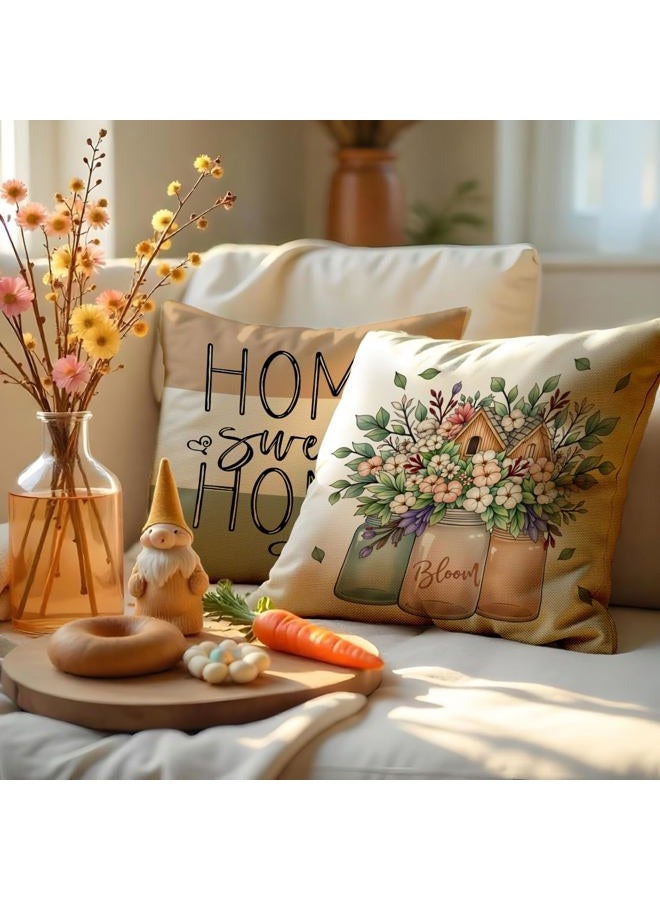 F Finerease Farmhouse Throw Pillow Cover Flower House - 18 x 18 Spring Garden Pillow Cushion Case - 4 Pack Linen Vase Pillow Cushion Cover, Great for Couch Chair Yard Living RoomHome Decor(Colourful-02, 18"x18") - Image 2
