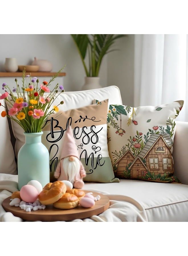 F Finerease Farmhouse Throw Pillow Cover Flower House - 18 x 18 Spring Garden Pillow Cushion Case - 4 Pack Linen Vase Pillow Cushion Cover, Great for Couch Chair Yard Living RoomHome Decor(Colourful-02, 18"x18") - Image 3