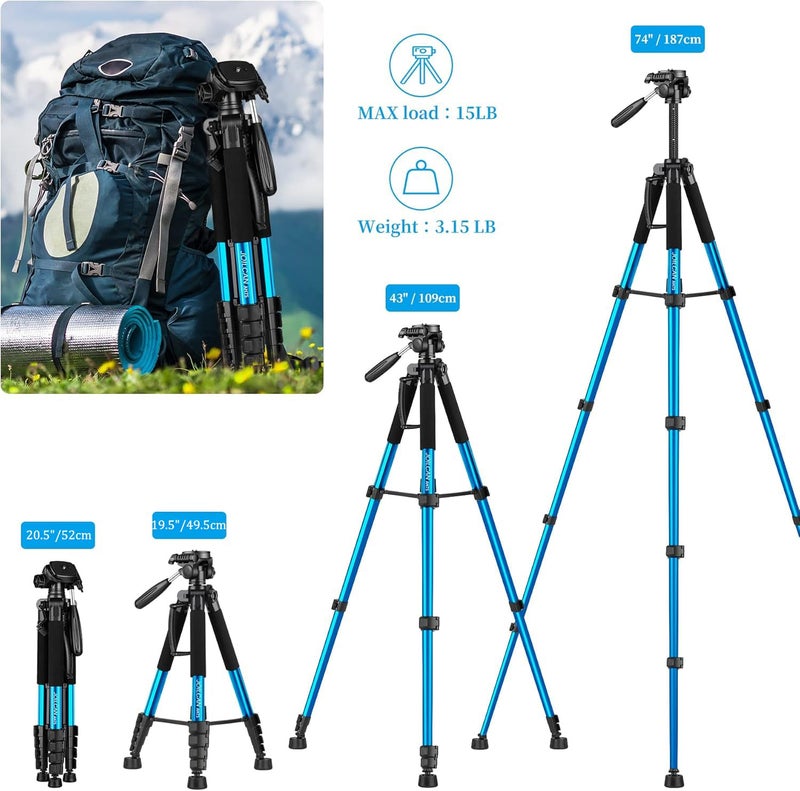 JOILCAN Tripod Camera Tripods, 74" Tripod for Camera Cell Phone Video Recording, Heavy Duty Tall Camera Tripod Stand, Professional Travel DSLR Tripods Compatible with Canon iPhone, Max Load 15 LB - Image 2