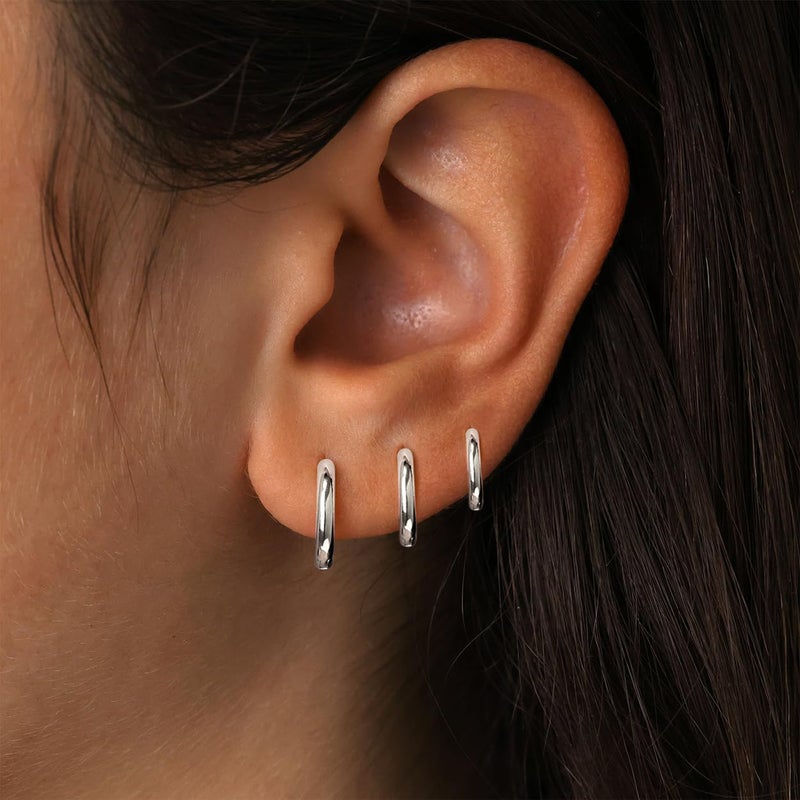 Gokeey Sterling Silver Small Huggie Hoop Earrings for Women, Dainty 14K Gold Silver Plated Stud Huggie Earrings Hypoallergenic Earrings Set for Multiple Piercing Trendy Cute Earring Stacks for Sensitive Ears (6mm/8mm/10mm, Silver) - Image 2