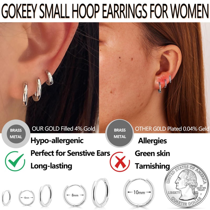 Gokeey Sterling Silver Small Huggie Hoop Earrings for Women, Dainty 14K Gold Silver Plated Stud Huggie Earrings Hypoallergenic Earrings Set for Multiple Piercing Trendy Cute Earring Stacks for Sensitive Ears (6mm/8mm/10mm, Silver) - Image 5