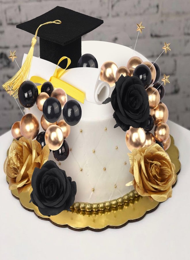 Rsstarxi 32 Pack 2025 Graduation Cake Topper Decoration Diploma Done Grad Cap Cake Pick Balloon Flower Prom 2025 Graduation Cake Decorations for Class of 2025 Congrats Grad Party Decors Black Gold - Image 4