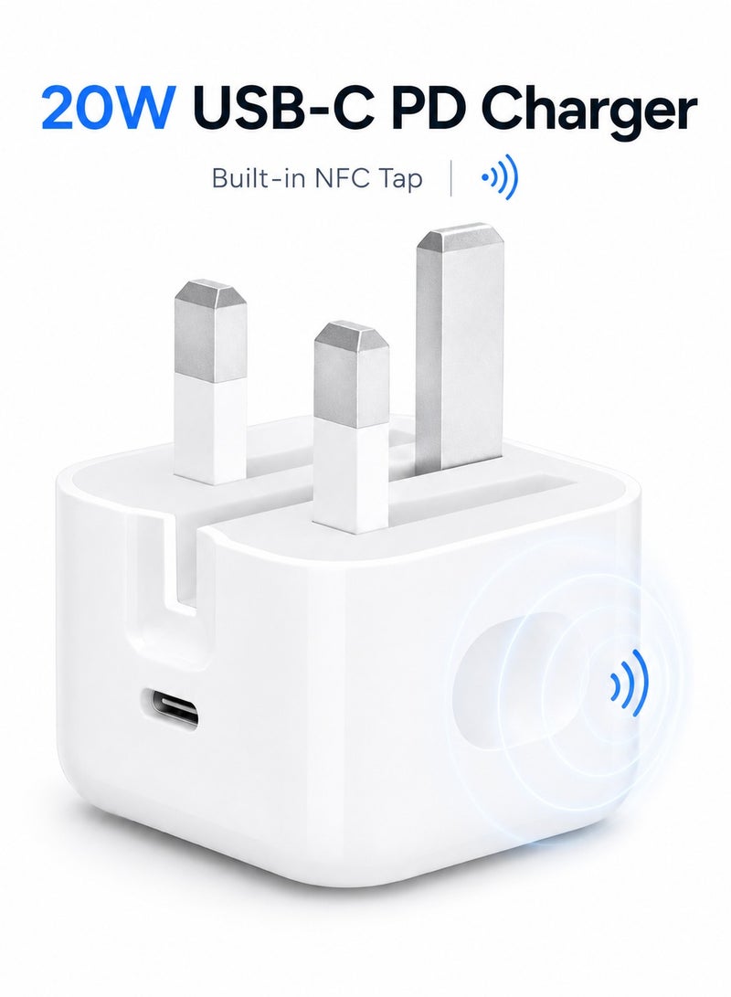 20W iPhone Charger Adapter, Premium Quality USB-C PD Fast Wall Charger with NFC Smart Tag, UK 3-Pin Plug Compatible with Apple iPhone 11/12/13/14/15/16 - White - Image 1