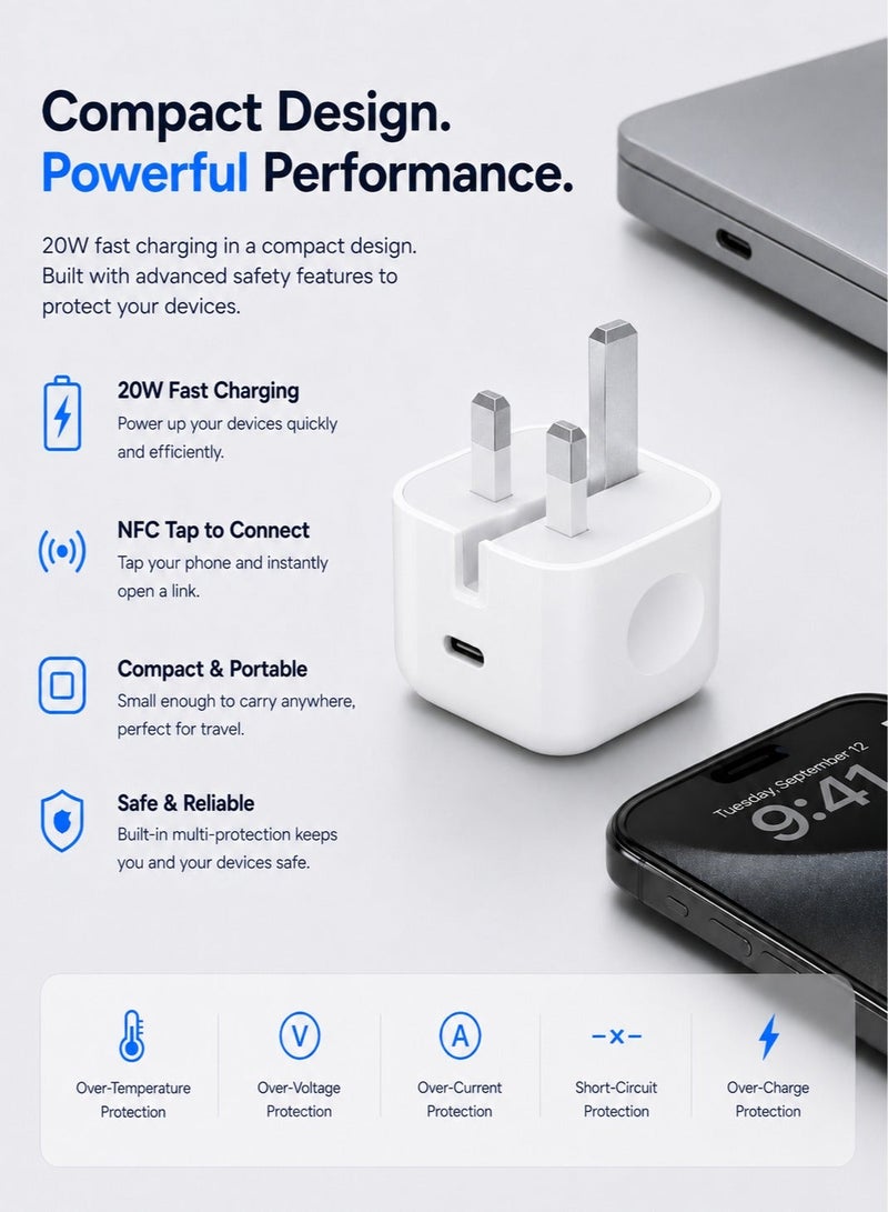 20W iPhone Charger Adapter, Premium Quality USB-C PD Fast Wall Charger with NFC Smart Tag, UK 3-Pin Plug Compatible with Apple iPhone 11/12/13/14/15/16 - White - Image 4