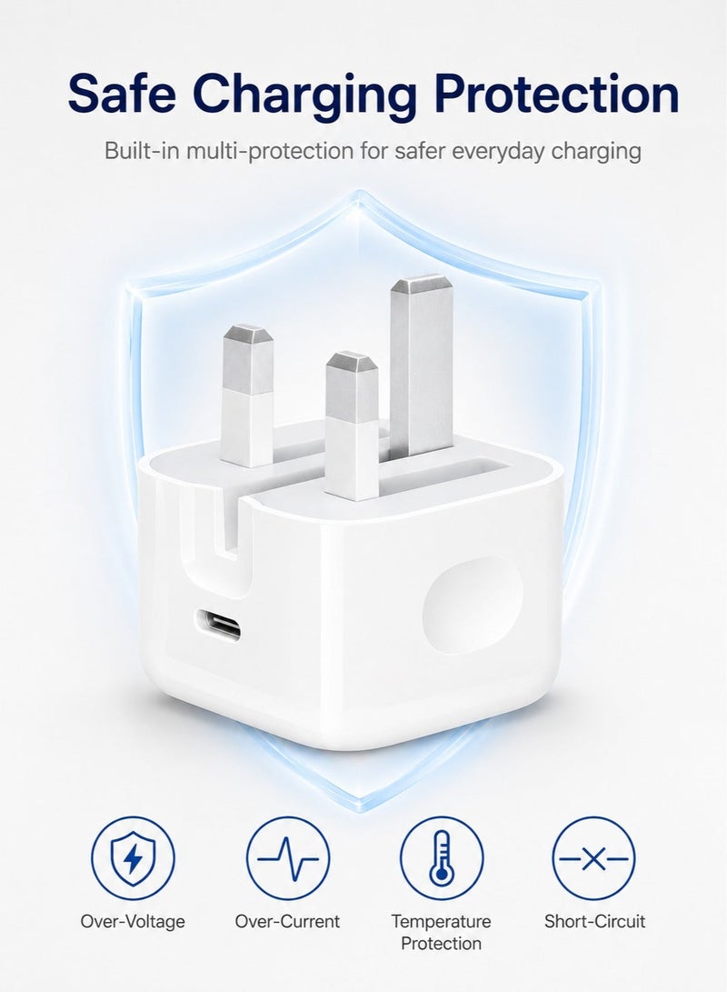 20W iPhone Charger Adapter, Premium Quality USB-C PD Fast Wall Charger with NFC Smart Tag, UK 3-Pin Plug Compatible with Apple iPhone 11/12/13/14/15/16 - White - Image 2