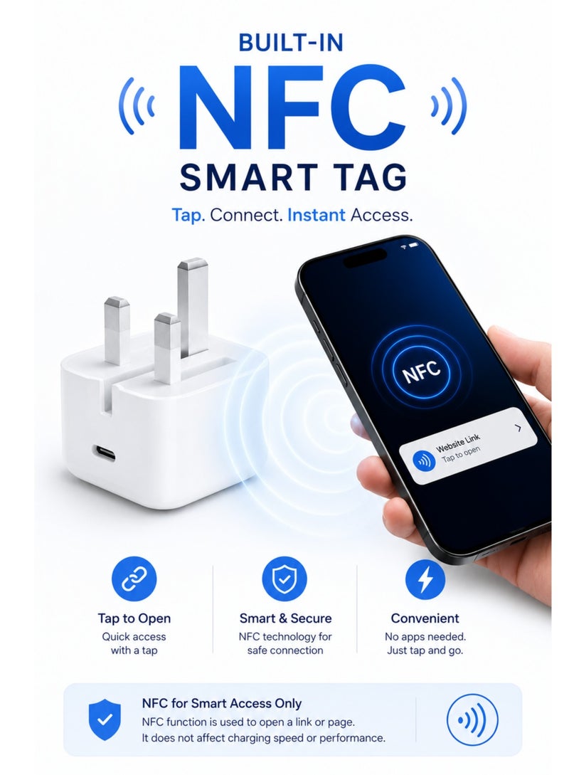 20W iPhone Charger Adapter, Premium Quality USB-C PD Fast Wall Charger with NFC Smart Tag, UK 3-Pin Plug Compatible with Apple iPhone 11/12/13/14/15/16 - White - Image 3