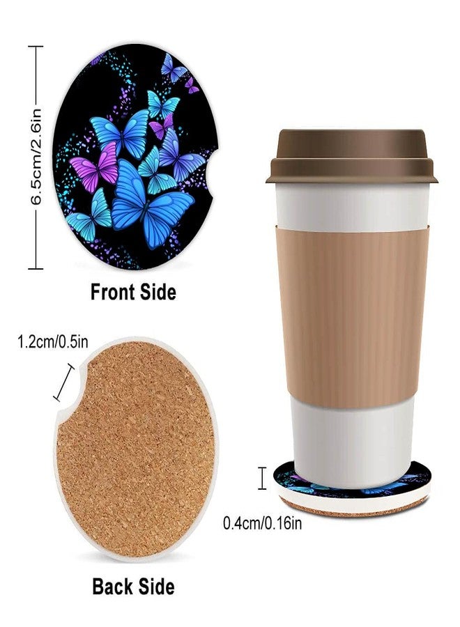 ZHIZHEND Blue Butterfly Absorbent Car Coasters,Cool Ceramic Cup Holders Coasters with a Finger Notch for Women Men 2.56"(2 Pieces) - Image 2