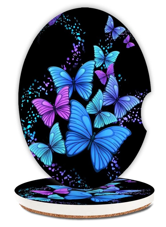 ZHIZHEND Blue Butterfly Absorbent Car Coasters,Cool Ceramic Cup Holders Coasters with a Finger Notch for Women Men 2.56"(2 Pieces) - Image 1