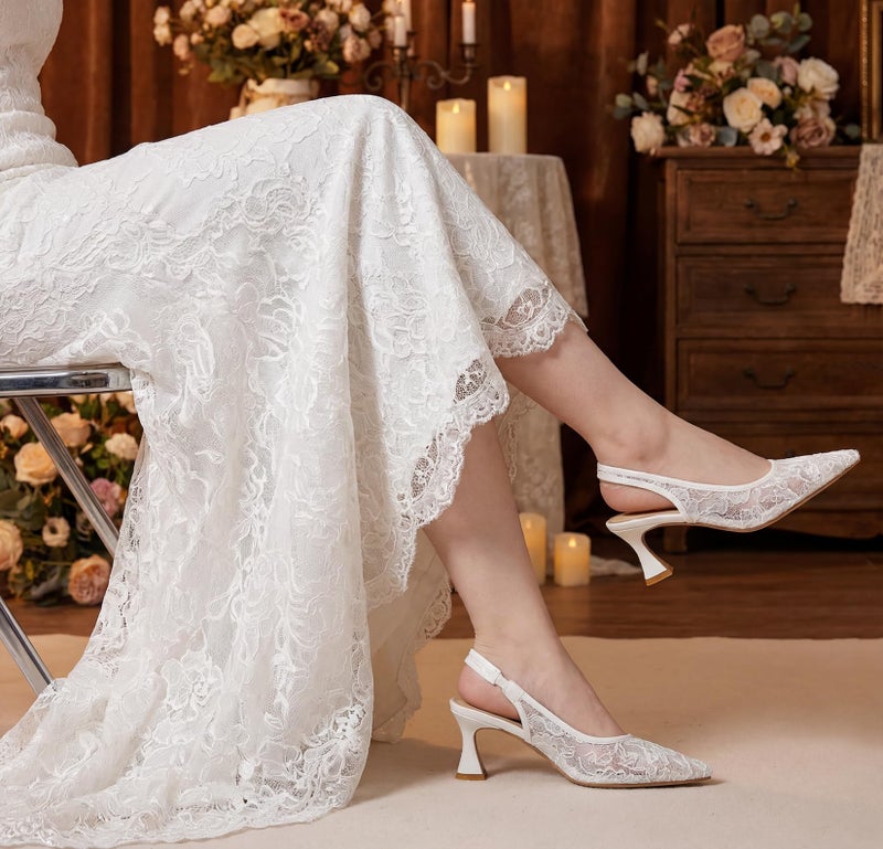 Aachcol Womens Bridal Lace Heels Pointed Toe Slingback Heels Mesh Kitten Heel Pumps Wedding Dress Shoes 2.5 Inches Heels White 9 M US - Image 2