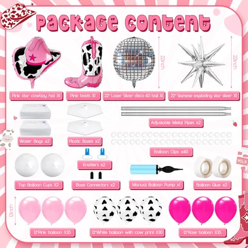 Kasyat 2 Sets Disco Cowgirl Balloon Column Stand Kit with 4d Cowgirl Hat Boots Disco Ball Exploding Stars Balloons Hot Pink Silver Arch Kit for Floor for Western Birthday Party Decorations - Image 5