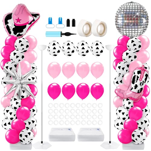 Kasyat 2 Sets Disco Cowgirl Balloon Column Stand Kit with 4d Cowgirl Hat Boots Disco Ball Exploding Stars Balloons Hot Pink Silver Arch Kit for Floor for Western Birthday Party Decorations - Image 1