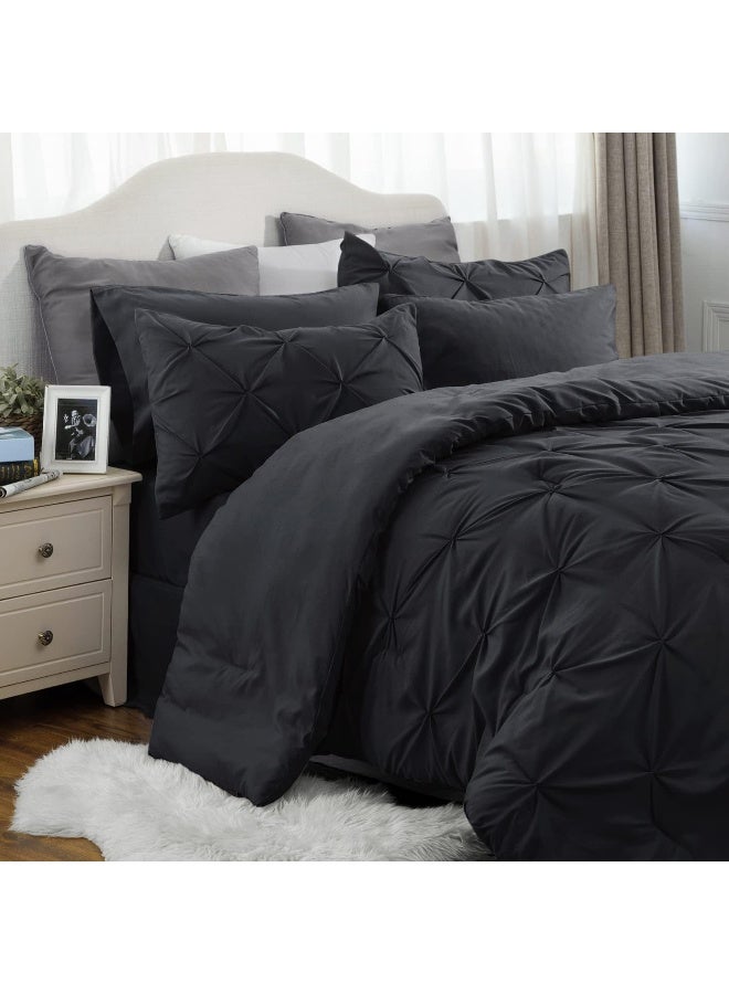 Bedsure King Size Comforter Set Black - Bed in a Bag King Size 7 Pieces, Pintuck Bed Set Gift for Family, Pinch Pleat Black Comforter with Sheets, Pillowcases & Shams - Image 2