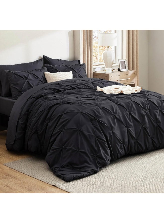 Bedsure King Size Comforter Set Black - Bed in a Bag King Size 7 Pieces, Pintuck Bed Set Gift for Family, Pinch Pleat Black Comforter with Sheets, Pillowcases & Shams - Image 1