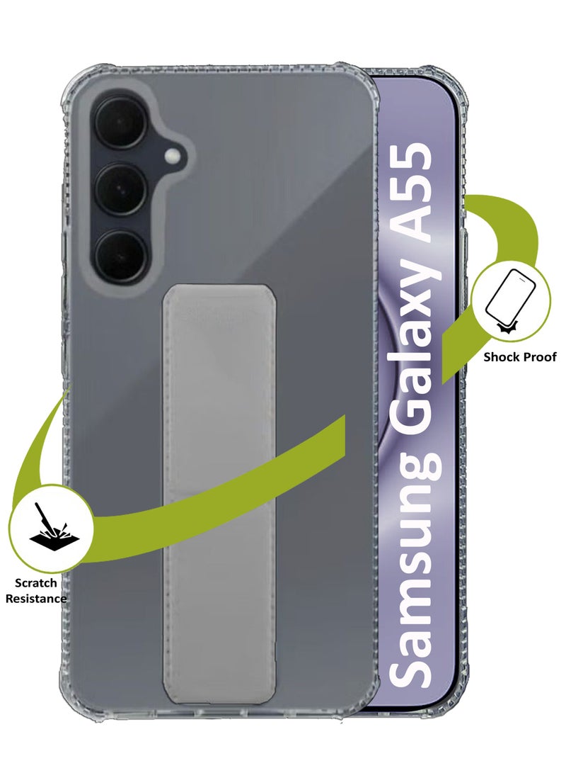 جراب شفاف مقاوم للصدمات من السيليكون لهاتف Samsung Galaxy A55 مع حامل قبضة اليد وحامل - شفاف/رمادي - Image 1