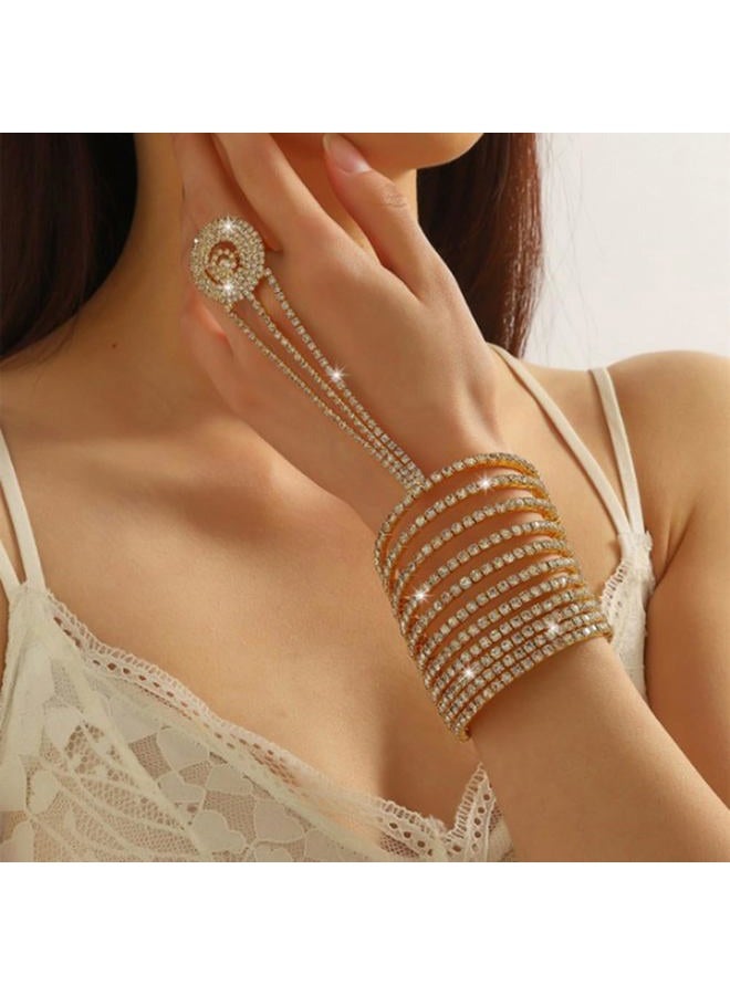 Wiwpar Gold Full Crystal Rhinestone Finger Ring Bracelet Bangle Hand Chain Boho Layered Slave Chain Bracelet Hand Harness Finger Ring Prom Party Wedding Hand Accessories for Women (Gold) - Image 2