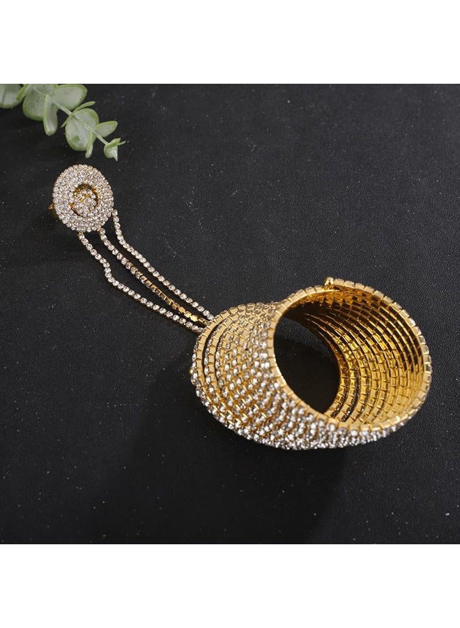 Wiwpar Gold Full Crystal Rhinestone Finger Ring Bracelet Bangle Hand Chain Boho Layered Slave Chain Bracelet Hand Harness Finger Ring Prom Party Wedding Hand Accessories for Women (Gold) - Image 5