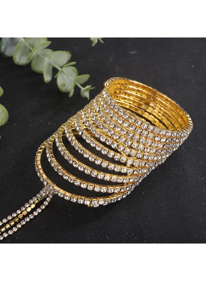 Wiwpar Gold Full Crystal Rhinestone Finger Ring Bracelet Bangle Hand Chain Boho Layered Slave Chain Bracelet Hand Harness Finger Ring Prom Party Wedding Hand Accessories for Women (Gold) - Image 4