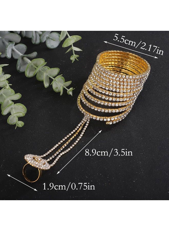 Wiwpar Gold Full Crystal Rhinestone Finger Ring Bracelet Bangle Hand Chain Boho Layered Slave Chain Bracelet Hand Harness Finger Ring Prom Party Wedding Hand Accessories for Women (Gold) - Image 3