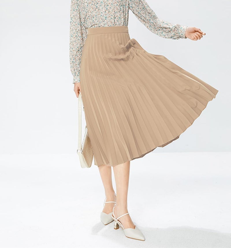 GOLDSTITCH Women's High Waist Pleated Skirt A line Swing Midi Skirt Khaki - Image 4