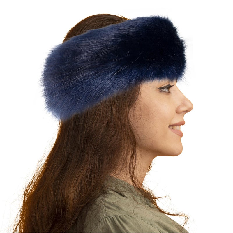 Dikoaina Womens Faux Fur Headband Winter Earwarmer Earmuff Ski (Navy blue) - Image 2