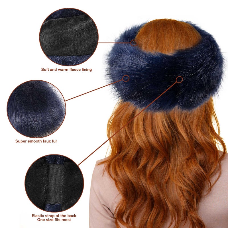 Dikoaina Womens Faux Fur Headband Winter Earwarmer Earmuff Ski (Navy blue) - Image 3