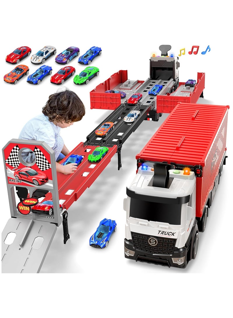 Race Car Track Toy Truck Toy with Slots & Foldable Race Tracks Transport Car Carrier Toy for Toddlers Cars Toy Set Container Truck Toy with 8 Alloy Cars Vehicles Toy Set for 3+ Kids Boys Girls - Image 1