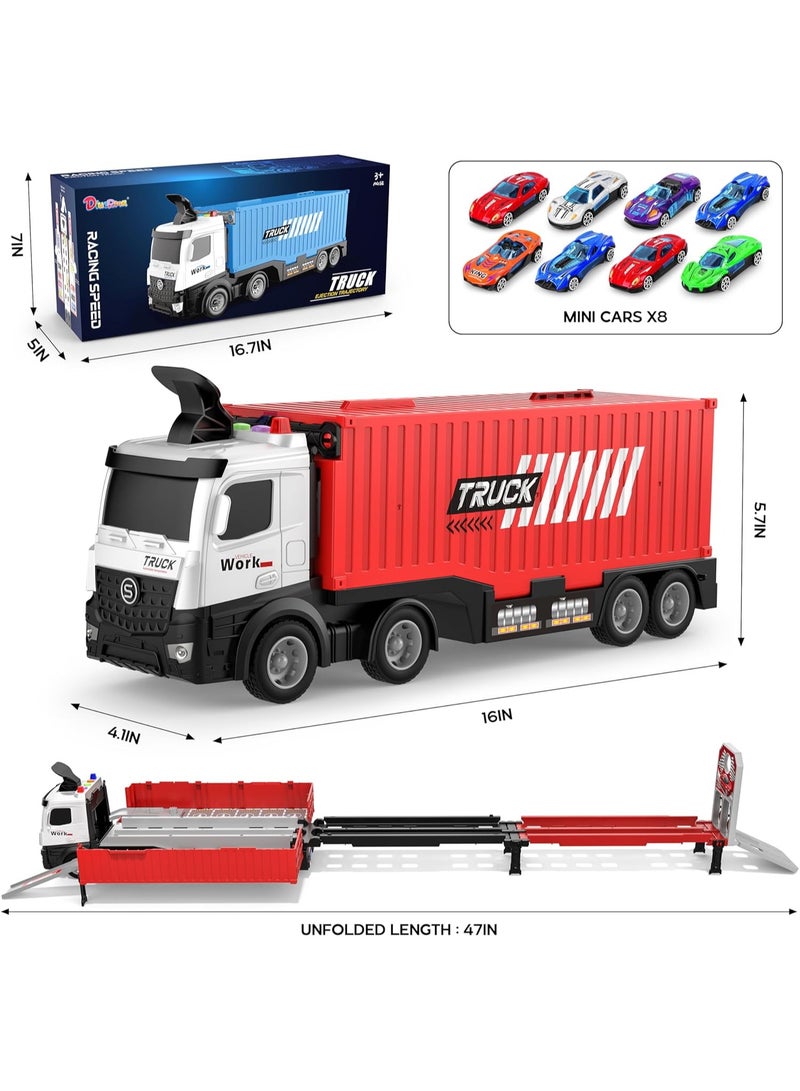 Race Car Track Toy Truck Toy with Slots & Foldable Race Tracks Transport Car Carrier Toy for Toddlers Cars Toy Set Container Truck Toy with 8 Alloy Cars Vehicles Toy Set for 3+ Kids Boys Girls - Image 2