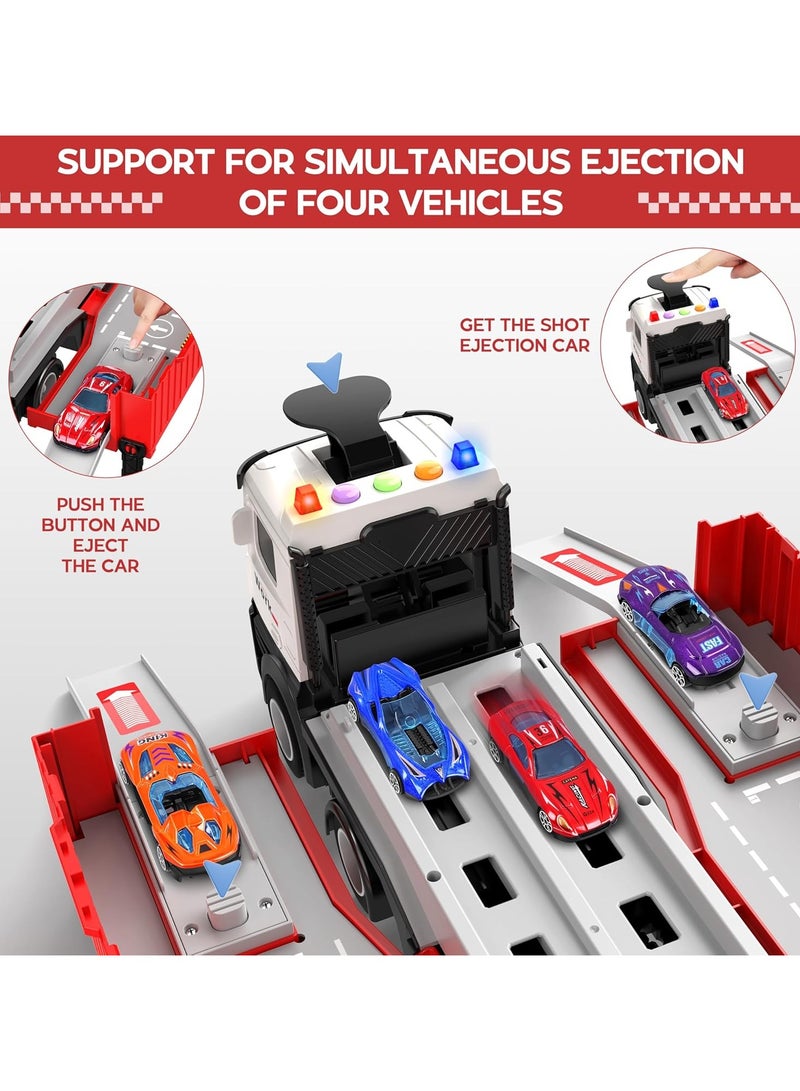 Race Car Track Toy Truck Toy with Slots & Foldable Race Tracks Transport Car Carrier Toy for Toddlers Cars Toy Set Container Truck Toy with 8 Alloy Cars Vehicles Toy Set for 3+ Kids Boys Girls - Image 3