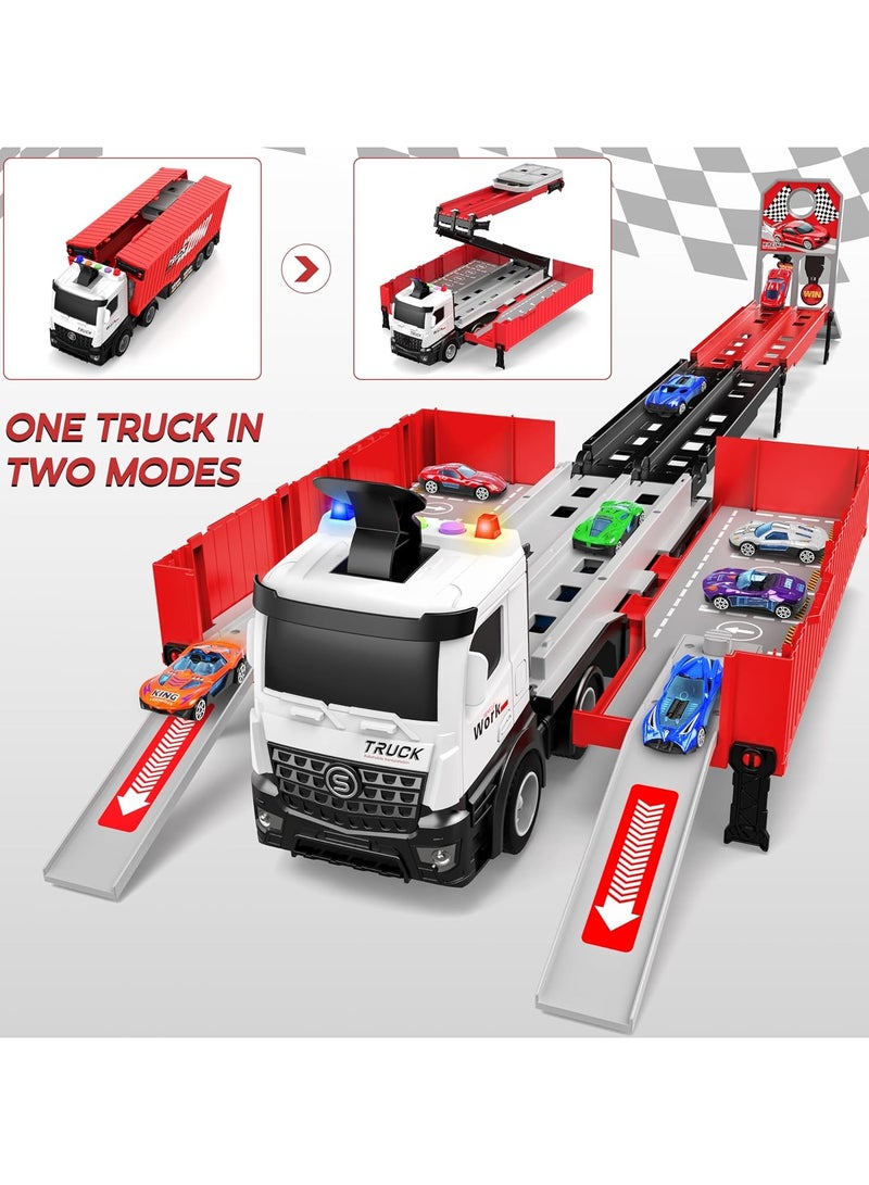 Race Car Track Toy Truck Toy with Slots & Foldable Race Tracks Transport Car Carrier Toy for Toddlers Cars Toy Set Container Truck Toy with 8 Alloy Cars Vehicles Toy Set for 3+ Kids Boys Girls - Image 5