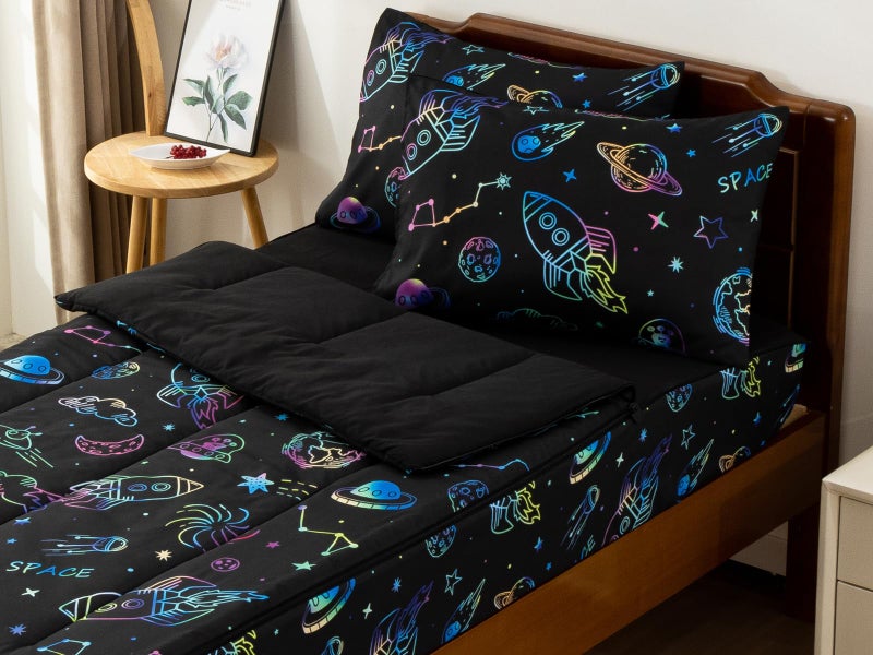 Aimuan Space Theme Durable Kids Zipper Bedding Black Sheets and Universe Galaxy Comforter with Stars & Solar System, Bed in a Bag, Easy to Make and Wash - Image 1