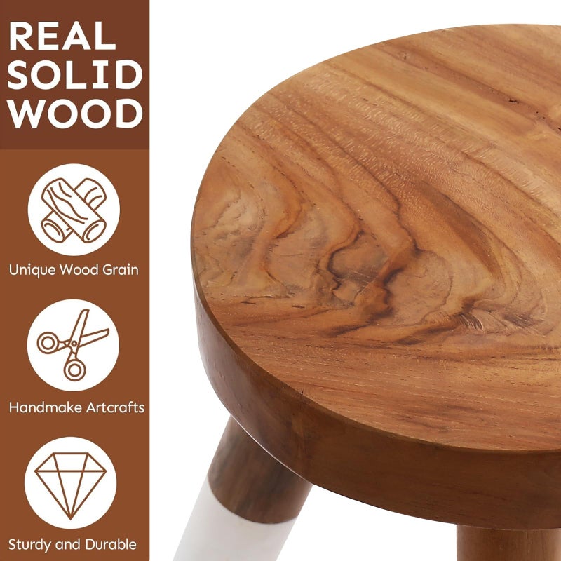 JOLLYMER Teak 11.8" Round Dip Dyed Teak Stool | Wood Accent Side Table | Wood Plant Stand (20" Tall White) - Image 3