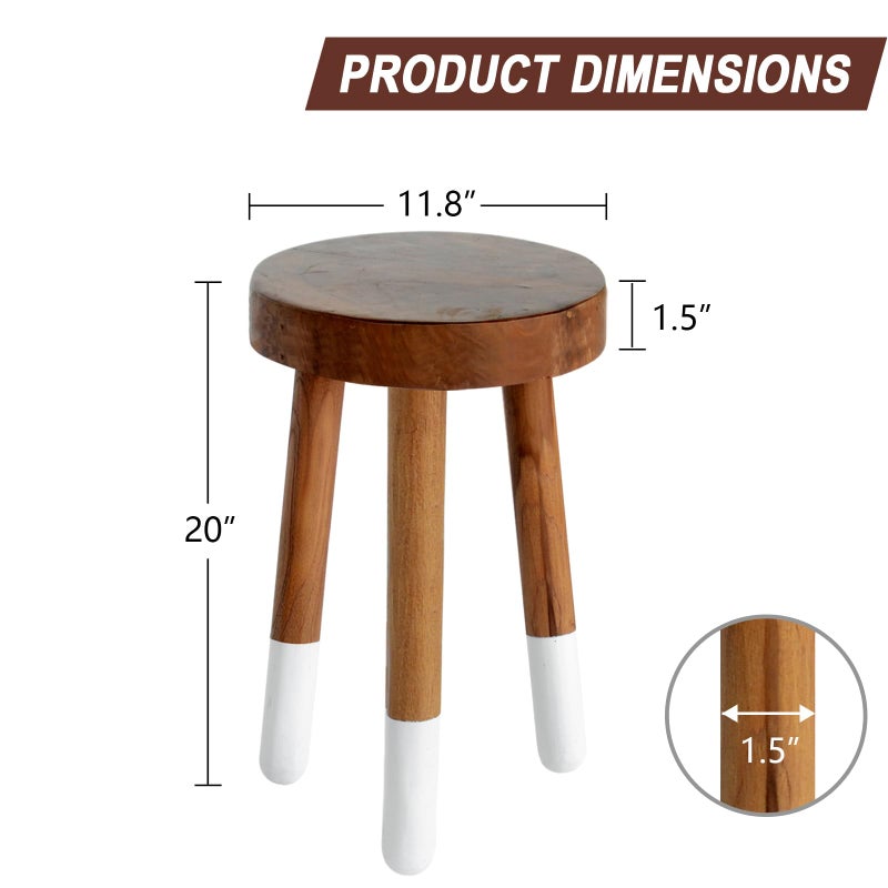 JOLLYMER Teak 11.8" Round Dip Dyed Teak Stool | Wood Accent Side Table | Wood Plant Stand (20" Tall White) - Image 2
