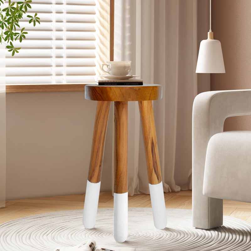 JOLLYMER Teak 11.8" Round Dip Dyed Teak Stool | Wood Accent Side Table | Wood Plant Stand (20" Tall White) - Image 4