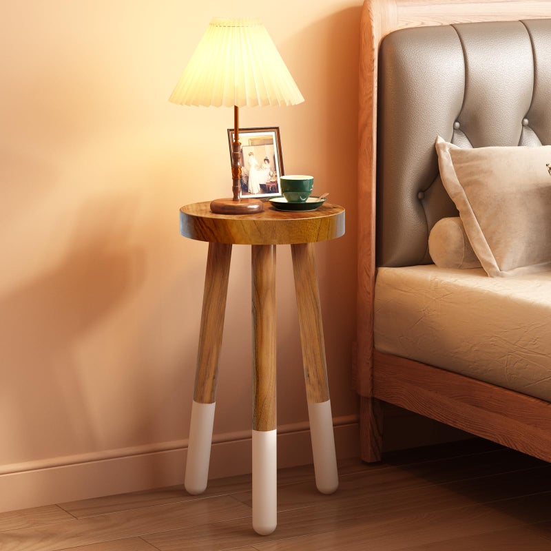 JOLLYMER Teak 11.8" Round Dip Dyed Teak Stool | Wood Accent Side Table | Wood Plant Stand (20" Tall White) - Image 1