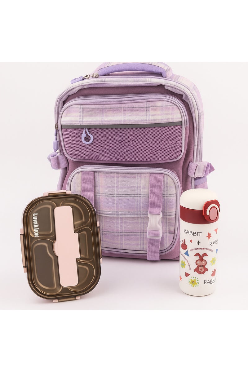 Cocobee 15-Inch Kids Backpack with Adjustable Straps & Side Bottle Pocket – Purple +  Kids Oval Lunch Box +  Stainless Steel Water Bottle – Leakproof, 500ml