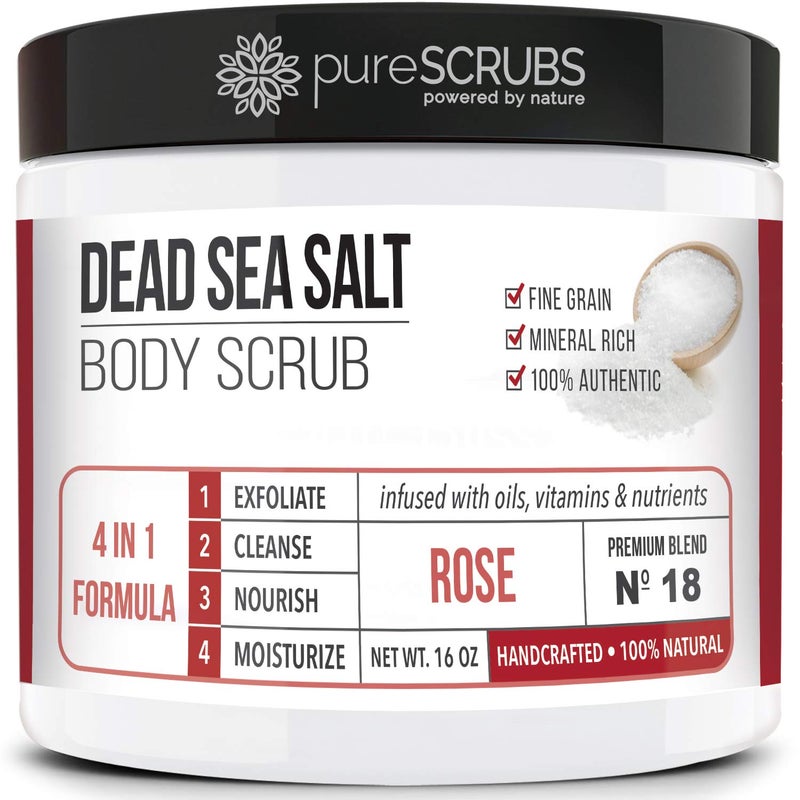 pureSCRUBS Premium Rose Body Scrub Set  Large 16oz Dead Sea Salt Body Scrub With Infused Essential Oils  Nutrients Includes Wooden Spoon Loofah  Oatmeal Exfoliating Bar Soap