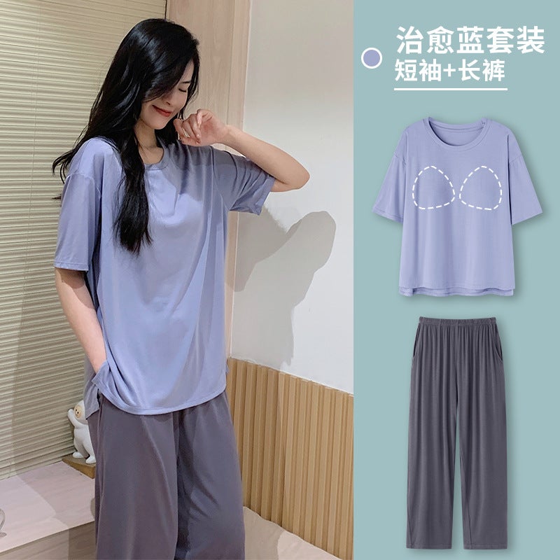 2023 Modal Pajamas Set Women Summer Short Sleeve with Pad 7201# Purple