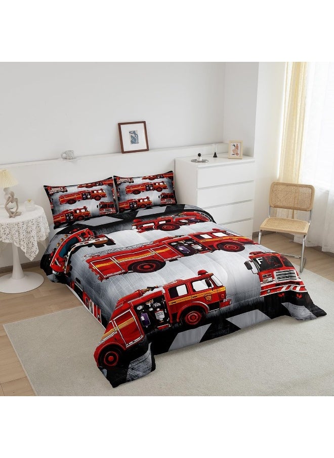 Generic Manfei Fire Truck Comforter Set Twin Size Red Fire Engine Duvet Insert Cartoon Firemen Car Vehicle Bedding Set 2pcs for Kids Boys Teens Firefighter Transportation Down Comforter with 1 Pillowcase  - Image 2