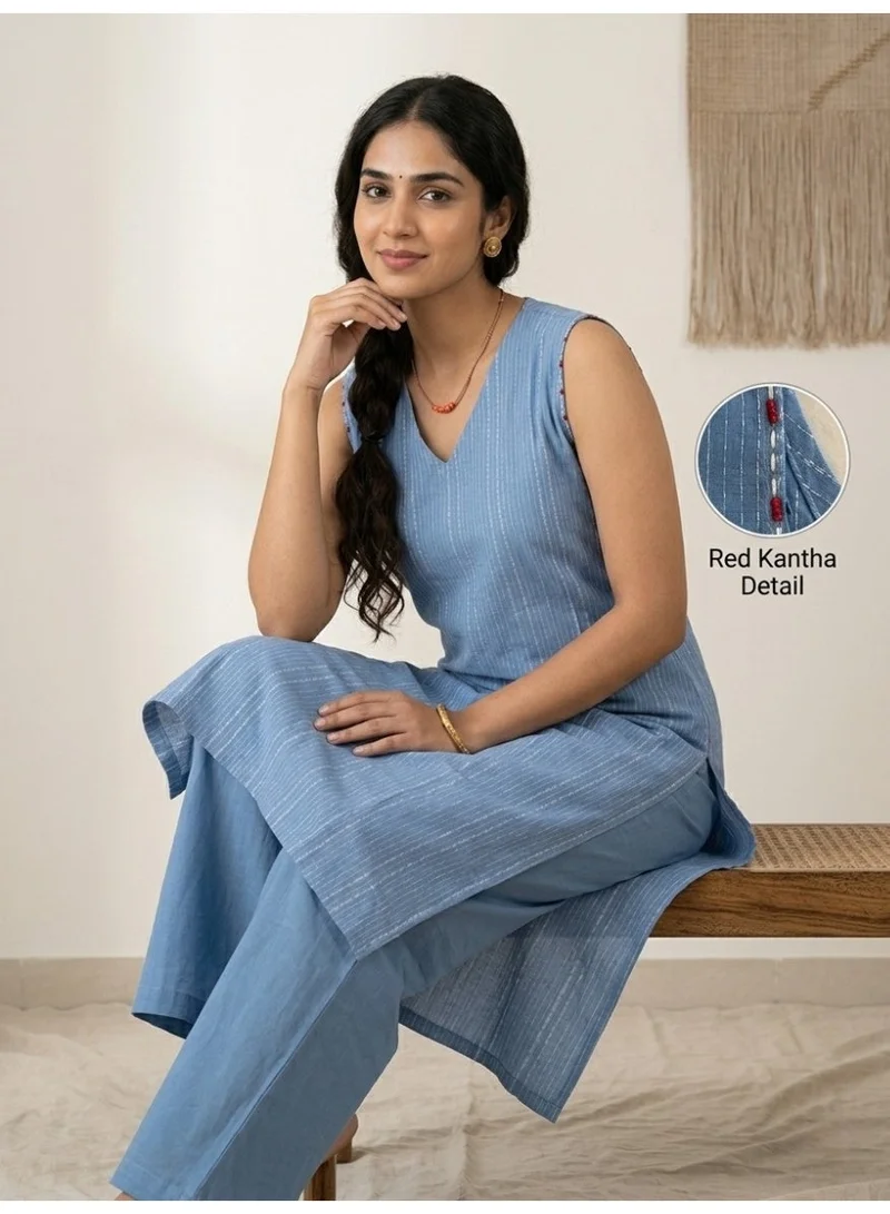 ثوجفيت BLUE KANTA STITCH DESIGN STIPED DESIGN COTTON SALWAR WITH PLAIN STRAIGHT CUT BOTTOM