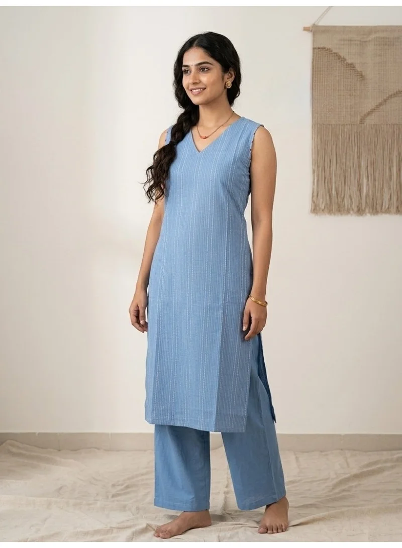 ثوجفيت BLUE KANTA STITCH DESIGN STIPED DESIGN COTTON SALWAR WITH PLAIN STRAIGHT CUT BOTTOM