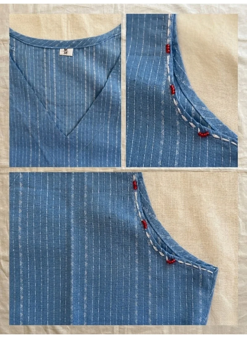 THUGFIT  BLUE KANTA STITCH DESIGN STIPED DESIGN COTTON SALWAR WITH PLAIN STRAIGHT CUT BOTTOM for Women | Best Price UAE