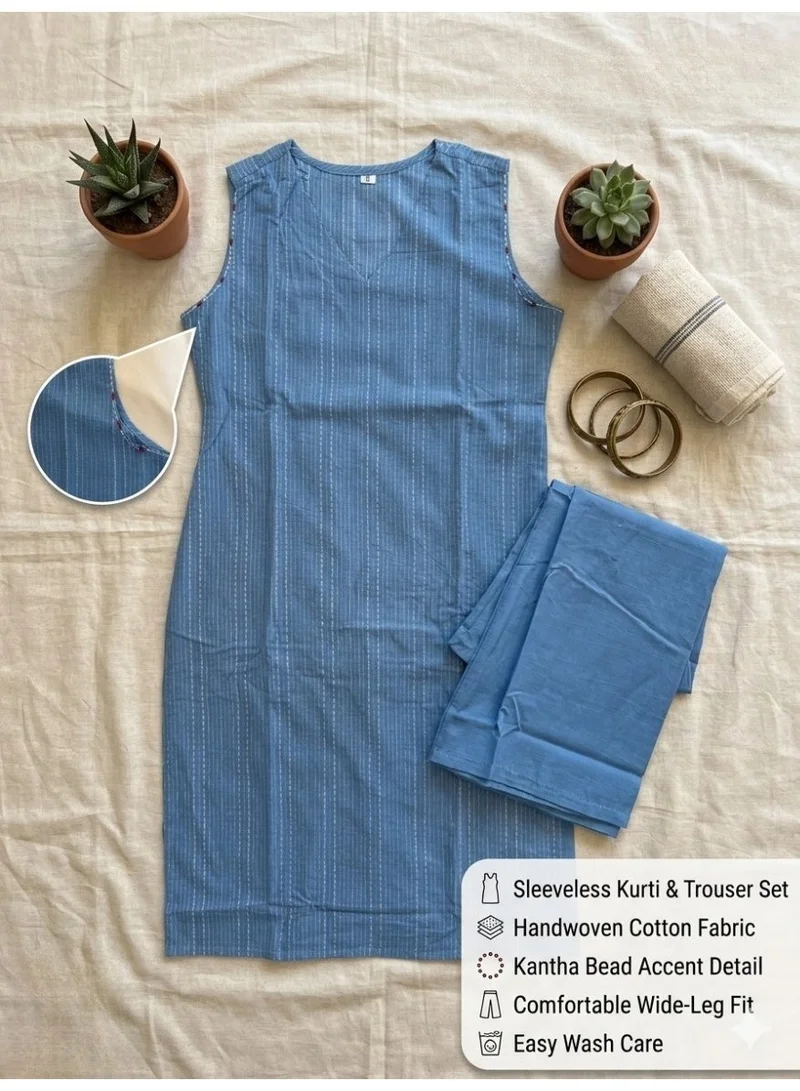 THUGFIT  BLUE KANTA STITCH DESIGN STIPED DESIGN COTTON SALWAR WITH PLAIN STRAIGHT CUT BOTTOM for Women | Best Price UAE