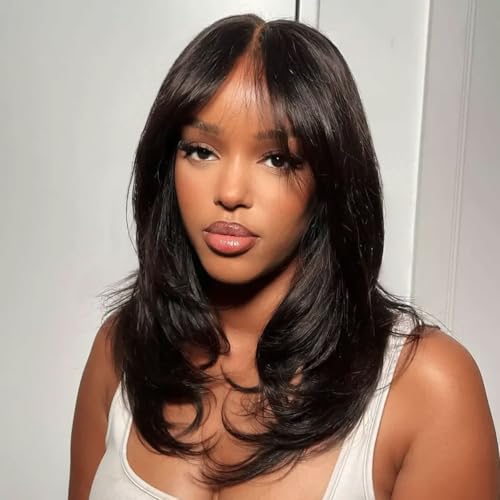 Tinashe Human Hair Wig Glueless 65 HD Lace Front Bob Natural Black Closure Wigs Human Hair Pre Plucked Pre Cut Wigs for Black Women Butterfly Haircut Layered 16 Inches - Image 1