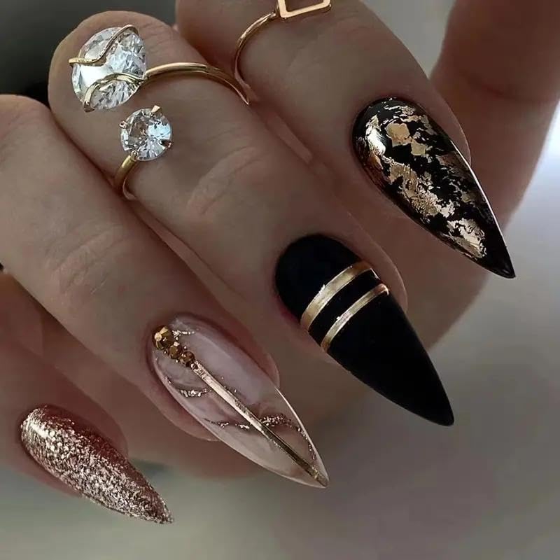 Luxury Stiletto Press On Nails Black and Gold Marble Design with Glitter Accents 24 Pieces Almond Shaped Medium Length with Glossy Amber Gplden Foil Sparkle Accent